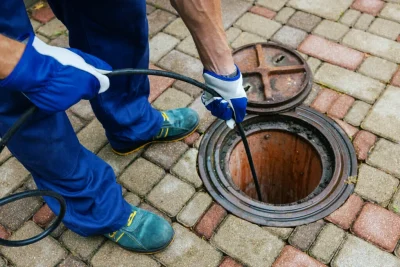 Plumber cleaning an outdoor sewer drain in Danville